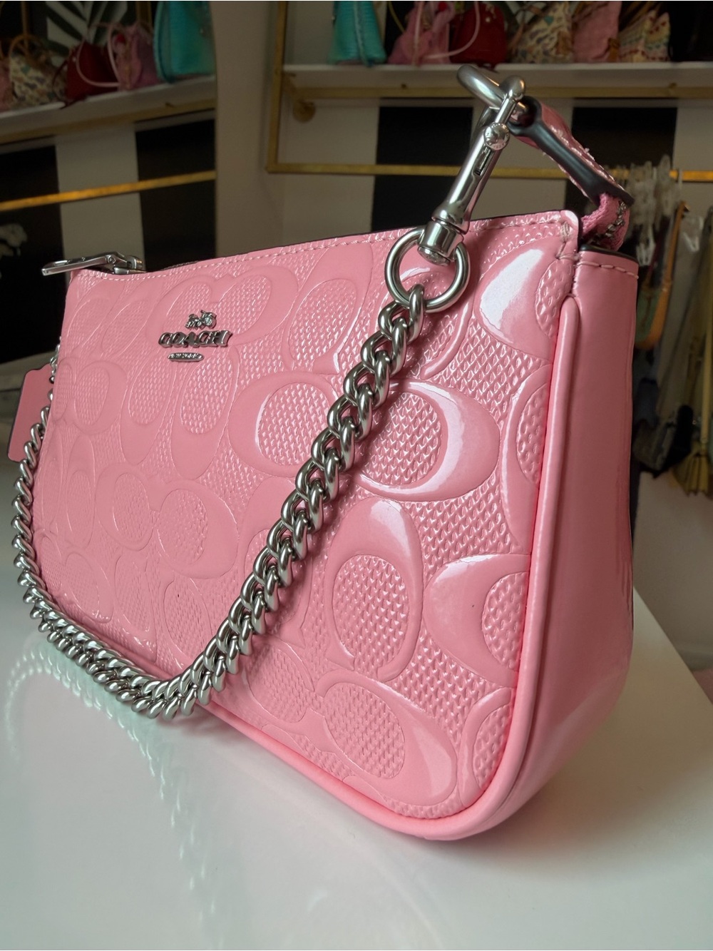 ๐ Coach Nolita 19 Pink Patent Signature Chain Bag CC727 NWT Barbiecore - Picture 11 of 17